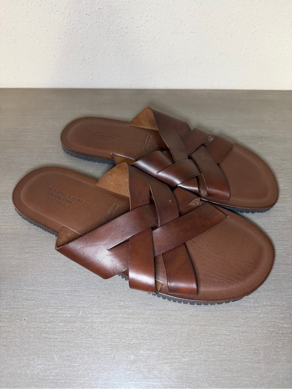 Size 11 - Bloomingdales The Men's Store Leather Cross Strap Woven Sandals Brown